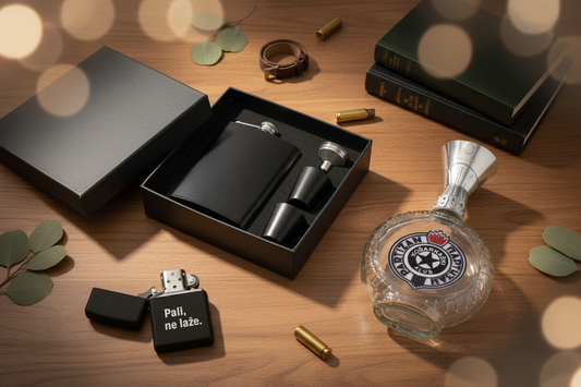 Pokloni za muškarce - personalizovani poklon set sa čuturom, Partizan flaša i gravirani upaljač